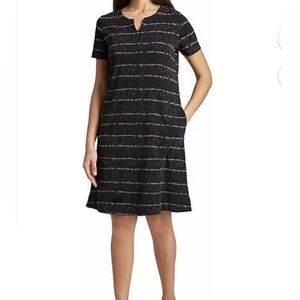 ELLEN TRACY Casual Pima Cotton Split V-Neck 2 Pocket Black Stripe Dress SZ XXL